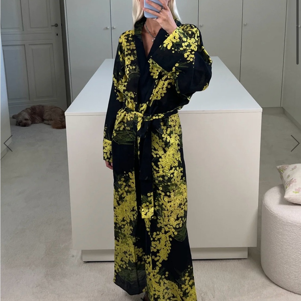 Elegant Black and Yellow Floral Wrap Dress